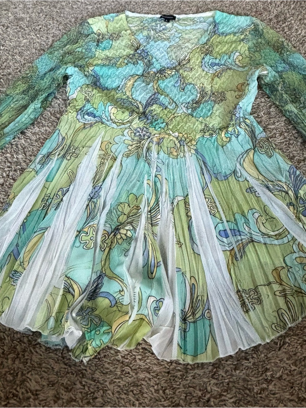 Komarov Green & Aqua Floral Pleated Long-Sleeve Dress